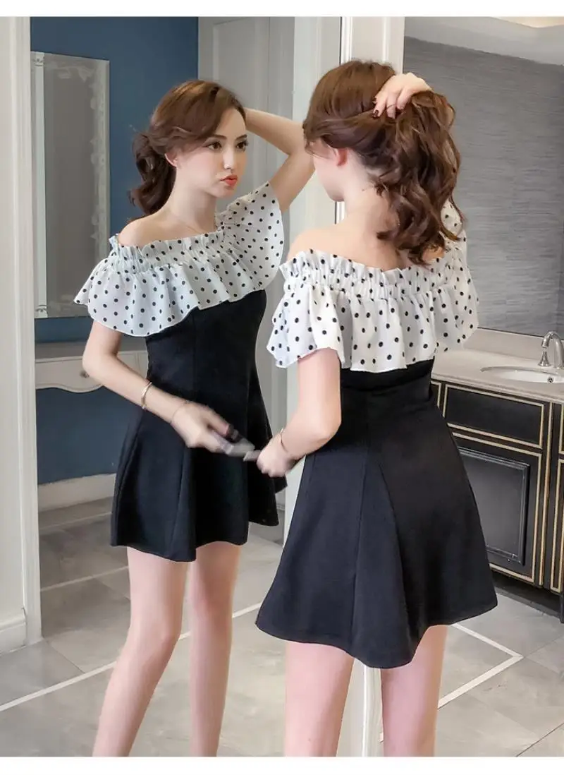 2018 New Arrivals  Summer  sexy dot dot shoulder stitching slim A short sleeved dress Free Shipping