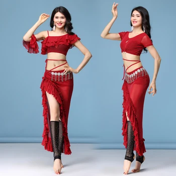 

2018 New Suit Belly Dance Suit 2 Piece Tops&Skirt Set Indian Clothes Belly Dance Bollywood Dance Wears Dancewear DQ11248