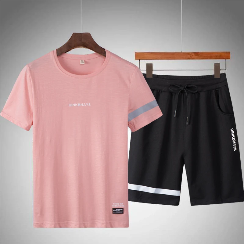 Повседневные мужские комплекты, летние спортивные костюмы для мужчин, комплект из 2 предметов, футболка+ шорты, модная спортивная одежда для бега, спортивный костюм, брендовая мужская одежда - Цвет: Pink A20