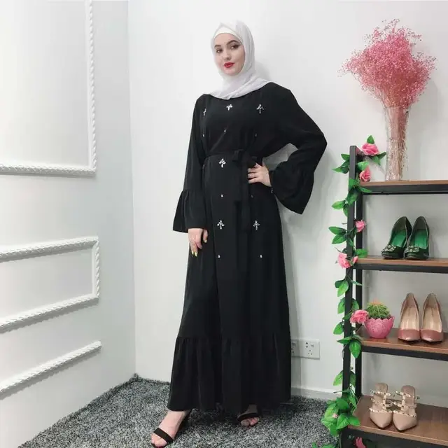 Abaya Robes musulmanes en perles de diamant faites à la main avec ceinture, peignoir, volants pleine longueur – Image 4