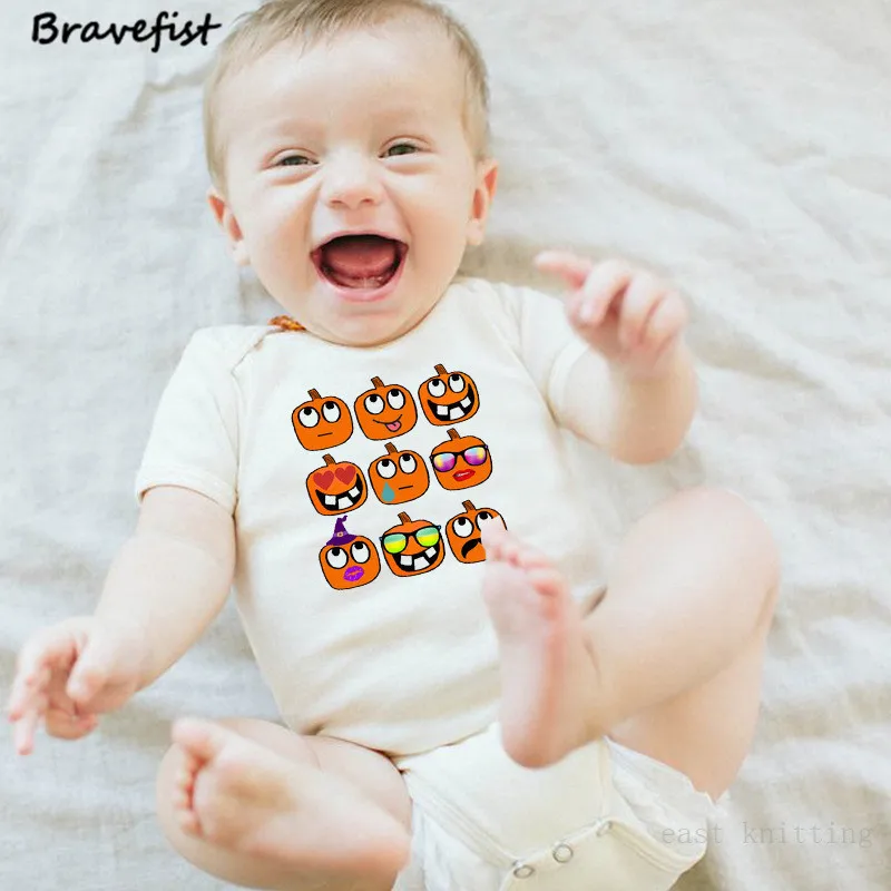 

Cartoon Pumpkin Expression Print Newborn Bodysuits Infant Jumpsuits 0-24Months Short Sleeve Outfits White Summer Clothes Onesies