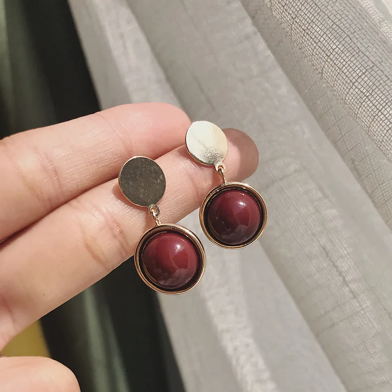 

Vintage Burgundy Dangle Earrings Women Jewelry Korean Fashion Red Geometric Round Handmade DIY Drop Earrings Accessories