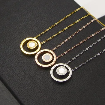 

Hot Sale Black White Shell Double Face Roman Numerals Round Gold Color / Silver Color / Rose Gold Color Titanium Steel Necklaces