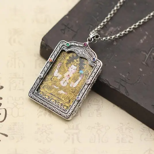 

NEW 925 Silver Tibetan Kuanyin Thangka Pendant Necklace Sterling Silver Buddhist Avalokitesvara Bodhisattva Pendant Necklace