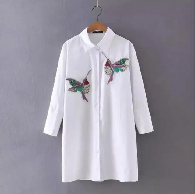 Embroidered Blouse Shirts Women Bird Fashion Long Sleeve Turn Down Collar Cotton