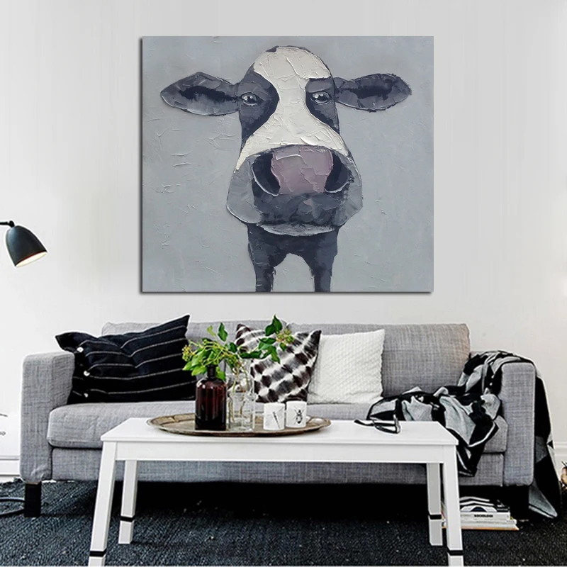 

Modern Handpainted Animal Picture Arts Oil Painting For Living Room Wall Pictures Abstract Art Lovely Cow on Canvas Wall Deocr