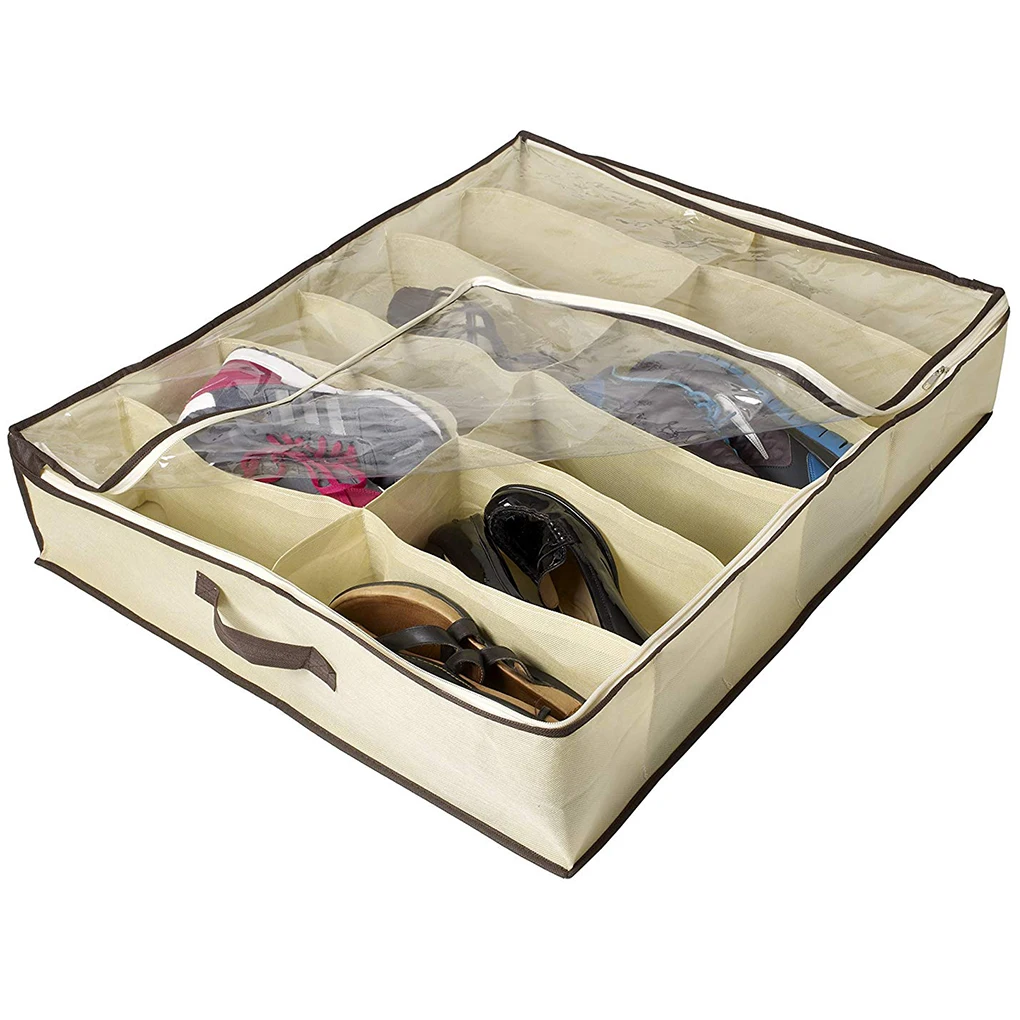 

2Pcs/set 12 Grids Zipper Closure Reusable Universal Washable Clear Storage Shoes Box Folding Under Bed Bag Home