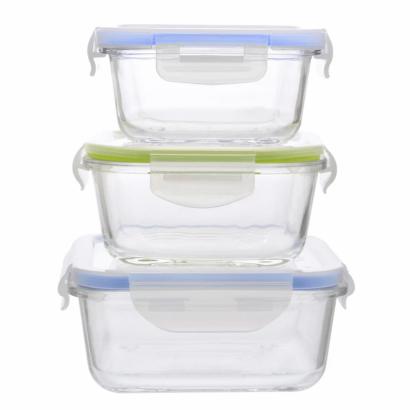 3PCs/Set  Reusable Glass Food Storage Containers Portable Student Lunch Box With Lid Square Picnic Organizers Kitchen Accessory