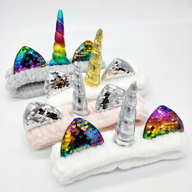 

2pcs/lot Unicorn Sequins Adult Headband Coral Fleece wash headband Teenager Headband Makeup Shower Head Wrap with Gift