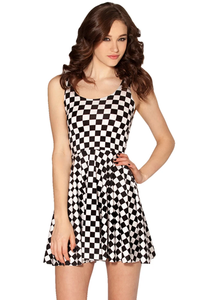 

Stylish Chessboard Skater Dress Women Simple Print Summer Mini Dress for Lady