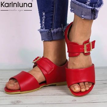 

Karinluna 2019 Ins style PU Leather Summer Women Casual Sandals big size 48 Concise leisure Beach Shoes Woman flat heels sandals