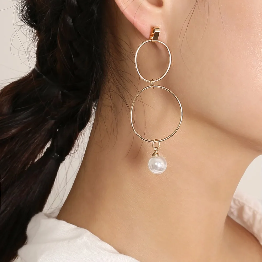 

Ingemark New Trendy Double Round Circle Simulated Pearl Dangle Earrings for Women Geometric Eardrop Pendientes Fashion Jewelry