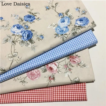 

100% Cotton Twill GRAY background Pink Blue Rose Flower Floral Check Fabrics for DIY Bedding Sheet Apparel Dress Handwork Decor