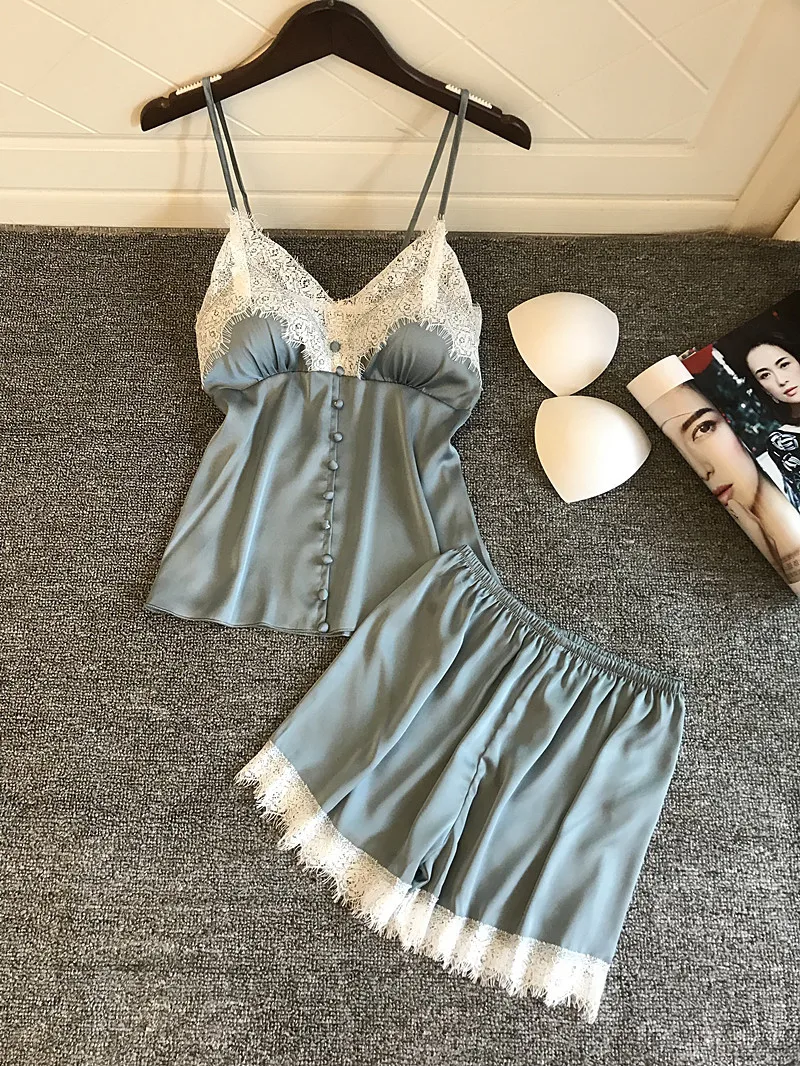 Queenral Pajamas Set Sexy Sleepwear Women Summer Lace Silk V-Neck Pyjamas Sleeveless Top And Shorts Pijama Lingerie Sexy Nightie9 (1)
