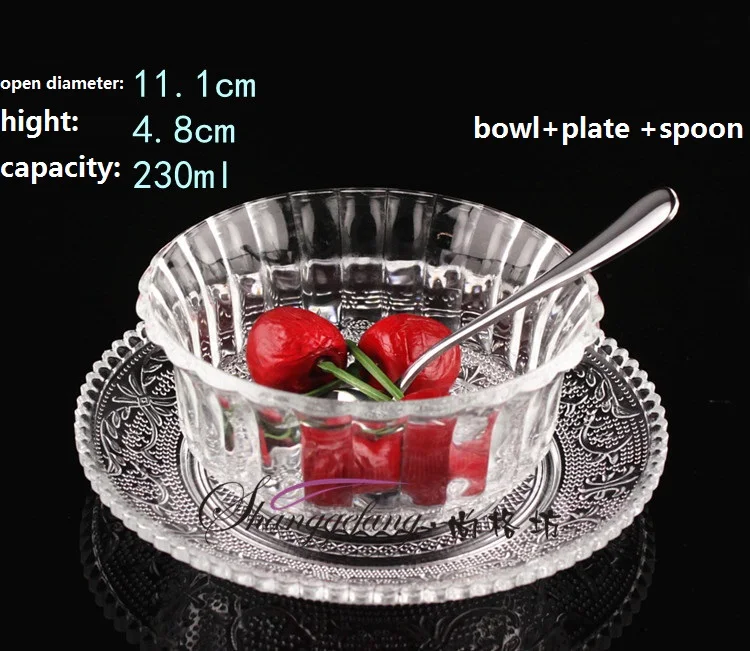 Прозрачная стеклянная миска+ тарелка, маленькая Салатница, Набор чашек для варенья/мороженого/десерта