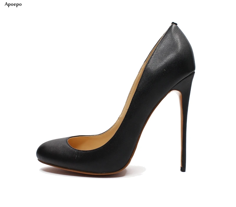 

New Hot Selling Round Toe High Heel Shoes 12cm Thin Heels Woman Pumps Sexy Slip-on Dress Heels Black PU leather shoes