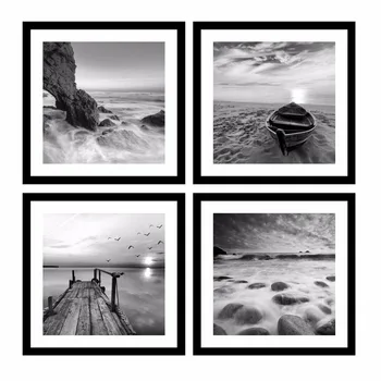 

Painting Black And White Wall Art Pictures 4 Panel Modern Modular Pictures Prints on Beach Seascape Painting Sea Boat Sunset