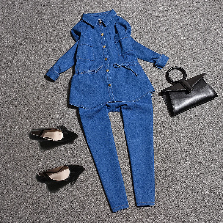 Buy 2018 autumn new denim shirt top+denim pants jeans