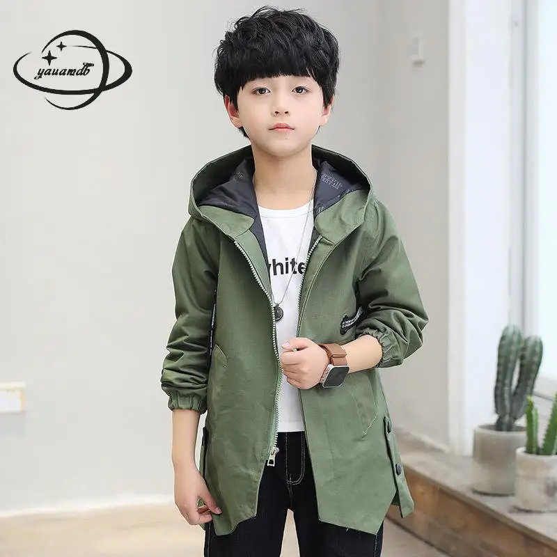 

YAUAMDB kids trench 2018 spring autumn 5-15Y boys jacket hooded overcoat letter solid zipper children windbreaker clothes ly55