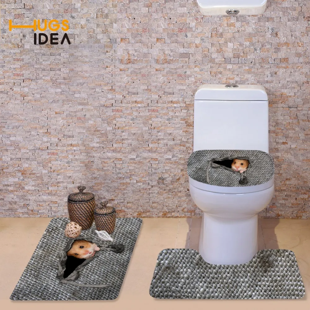 Günstig HUGSIDEA 3D Niedlichen Tier Cat Owl Gedruckten Toilettensitzabdeckung Runde matte 3 Stück Set Warmer Weicher Bad Teppich Bad Zubehör set