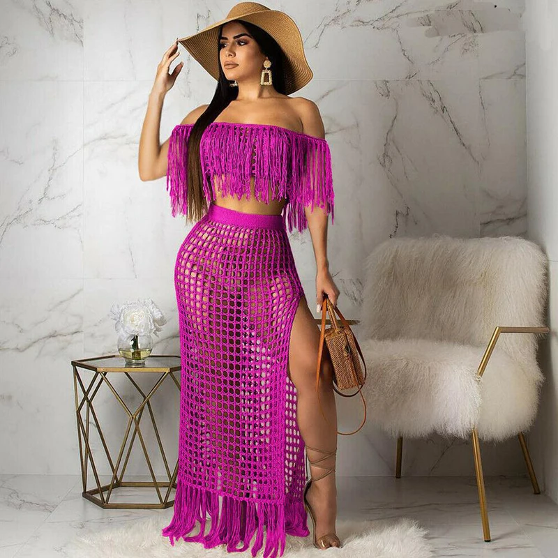 Two Piece Sets Beach Wear Cover-Ups Women Crochet Hollow Out Tassel Off Shoulder Crop Tops and Skirt Sets Slit Beach Maxi Skirts