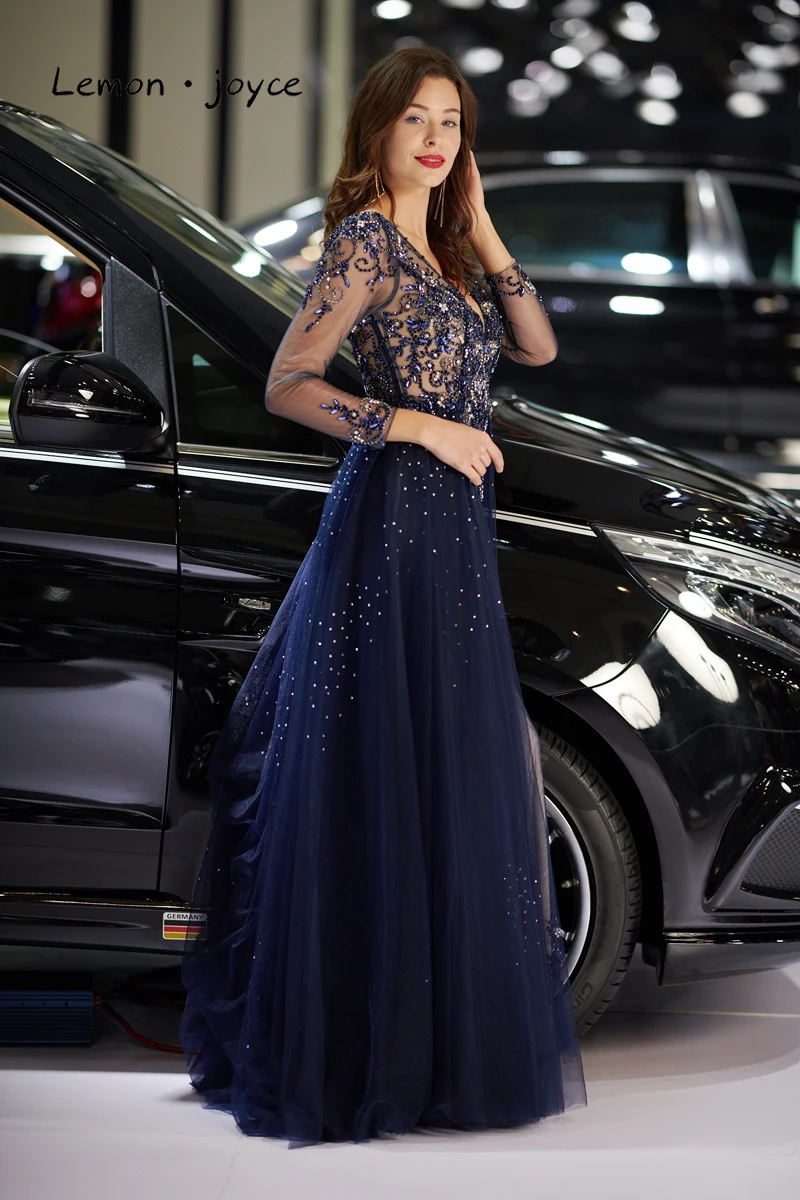 Lemon joyce темно-синие вечерние платья с длинным рукавом стиль v-образным вырезом сексуальные Бисероплетение Иллюзия Дубай вечерние платья для женщин