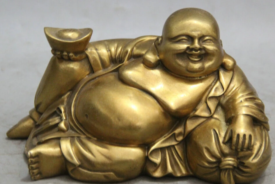 

7' Brass Sleep Happy Laugh Maitreya Buddha Yuan Bao Money Bag Statue R0711