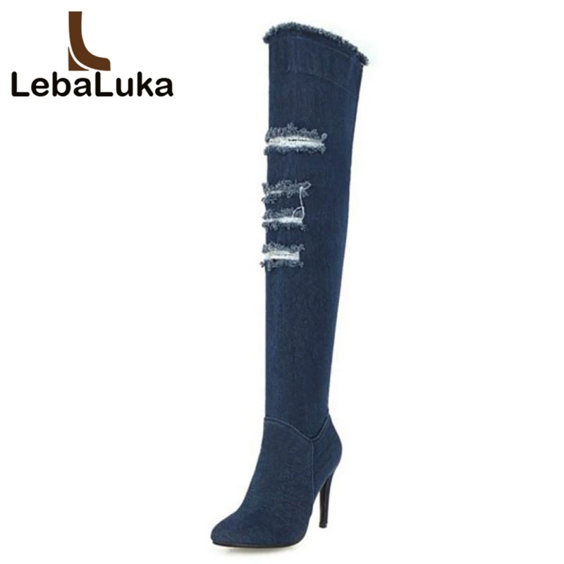 

Tuyoki Plus Size 33-48 Fashion Lady Over Knee Boots Zipper Denim High Heel Shoes Women Party High Quality Thin Heel Boots