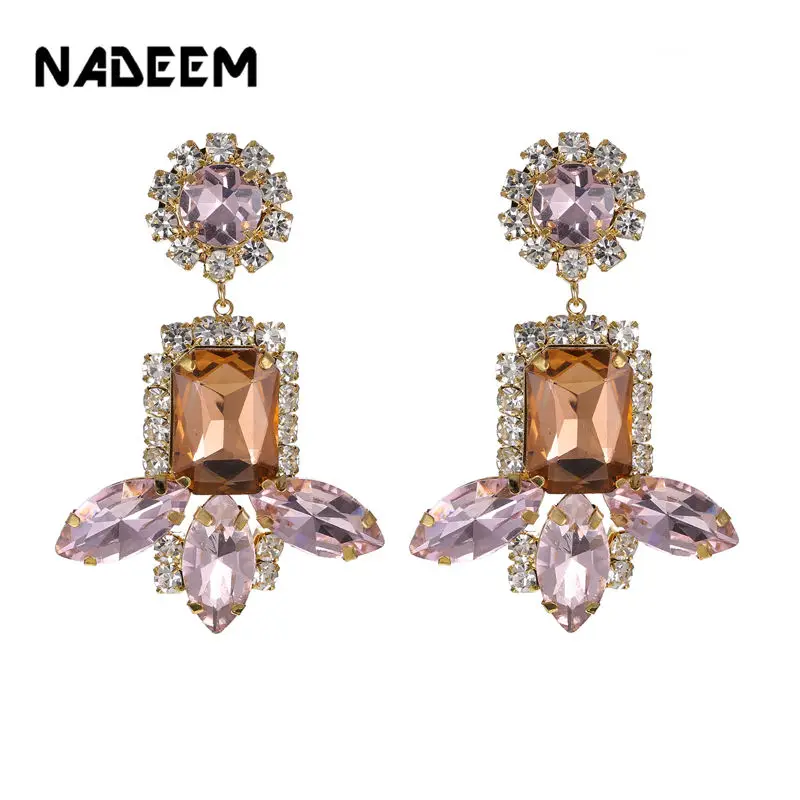 

Luxury Fashion Brincos Wedding Champagne Pink Crystal Earring Classic Gold-Color Geometric Drop Earring For Women Fine Jewelry