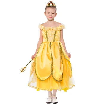 

Deluxe Child Beauty And The Beast Princess Gold Belle Kids Halloween Cosplay Costume