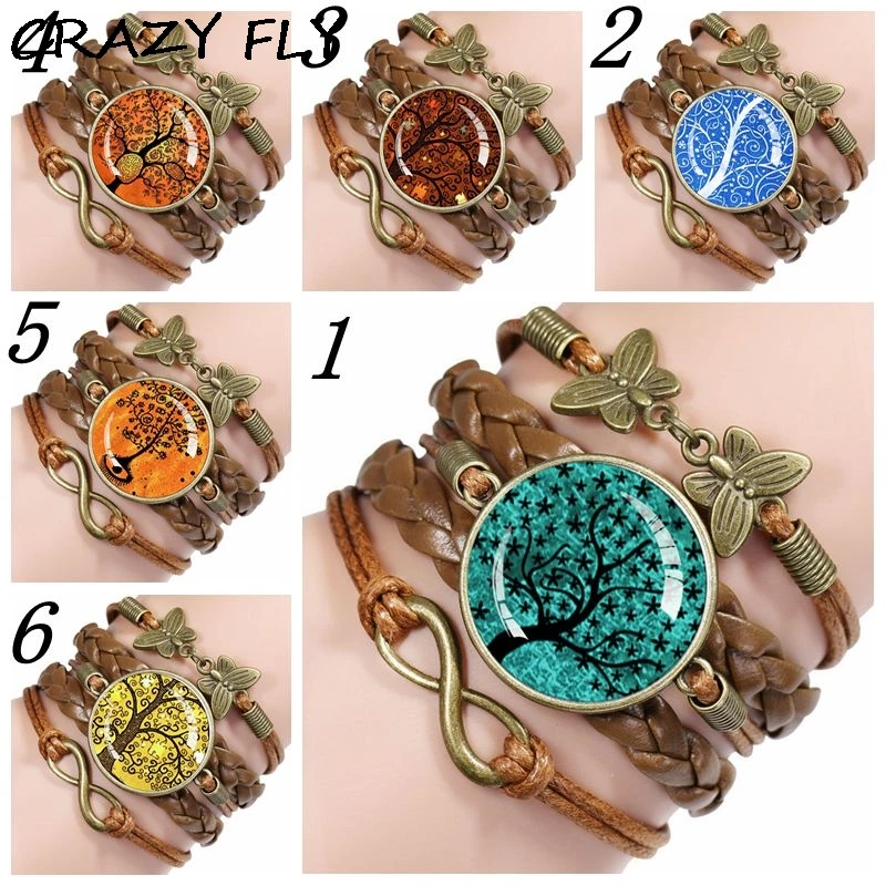 

CRAZY FLY 6 Types Vintage Tree Vine Leather Bracelets For Women Punk Glass Cabochon Bracelet Jewelry For Women
