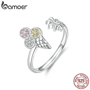 

bamoer Summer Ice Cream Adjustable Finger Rings for Women Sterling Silver 925 Crystal Ring Korean Fashion Jewelry SCR529