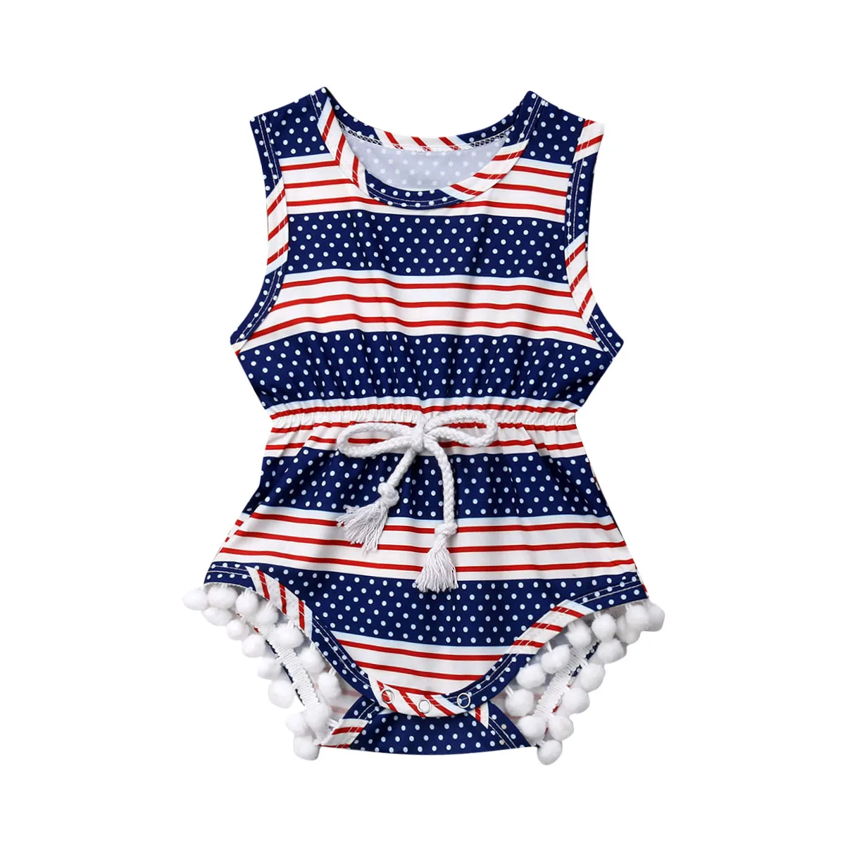 يوم الاستقلال 4th من يوليو الوليد الرضع رومبير الملابس الأمريكية العلم نمط شرابة أكمام Playsuit Sunsuit