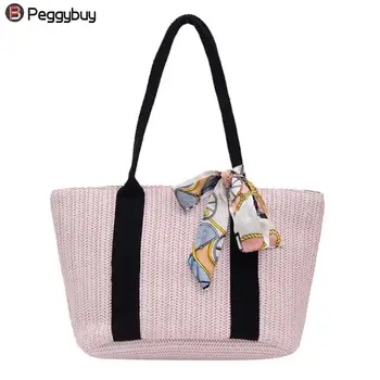 

Straw Shoulder Handbags Women Big Top-handle Bags Silk Decor Shopping Totes Large Capacity bag