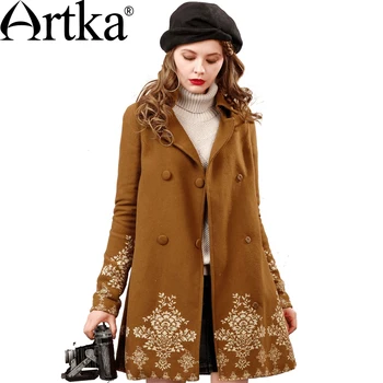 

ARTKA Women's Autumn Coat Double Breasted Windbreaker Warm Wool Jacket Female Oversized Coat Jacquard A-Line Outerwear FA10653Q