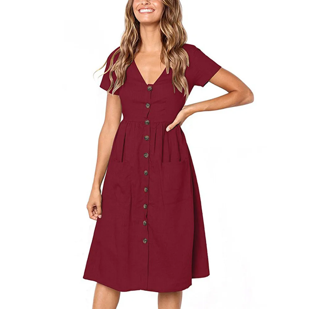 

Womens Party Dress Holiday Summer Dress Women Beach Solid Short Sleeve Buttons Party Dress Girl 2019