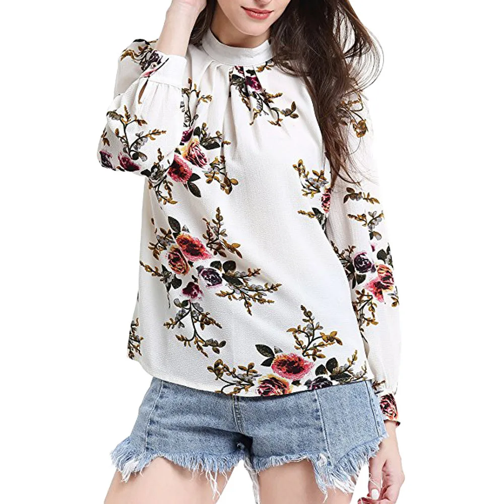 

Women's Blouse White Shirt 2019 Chiffon Floral Print Long Sleeve Stand Collar Casual Shirts Blouse Top blusas mujer de moda 2019