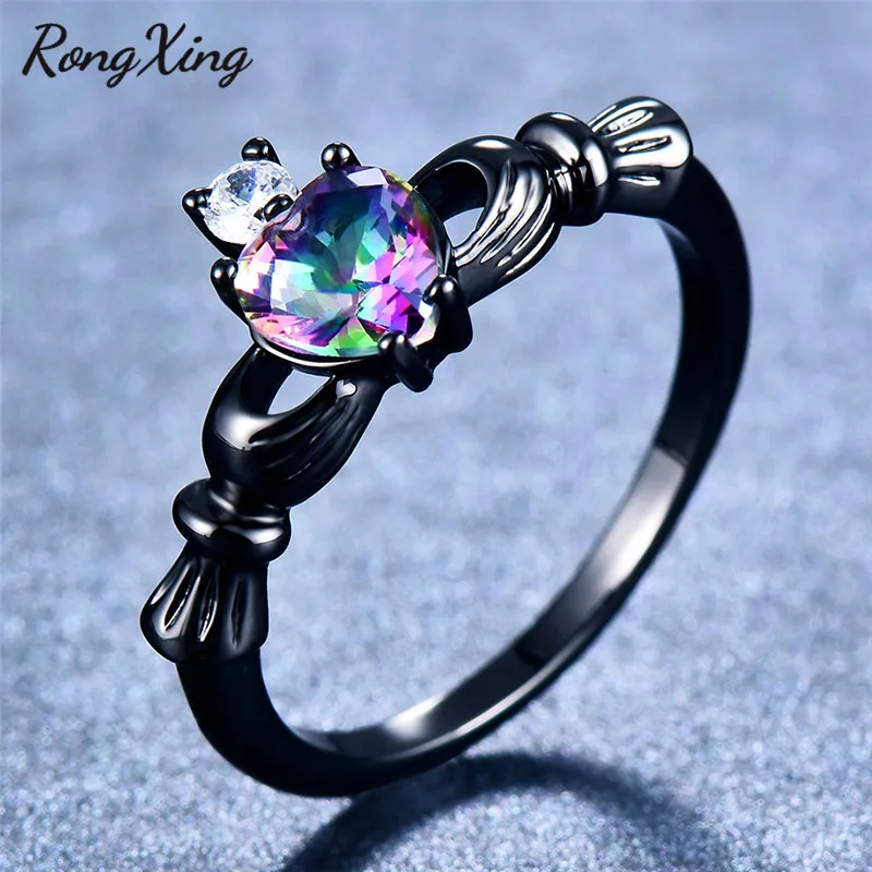 RongXing мистический Радужный огненный опал/циркониевое сердце Claddagh кольца для