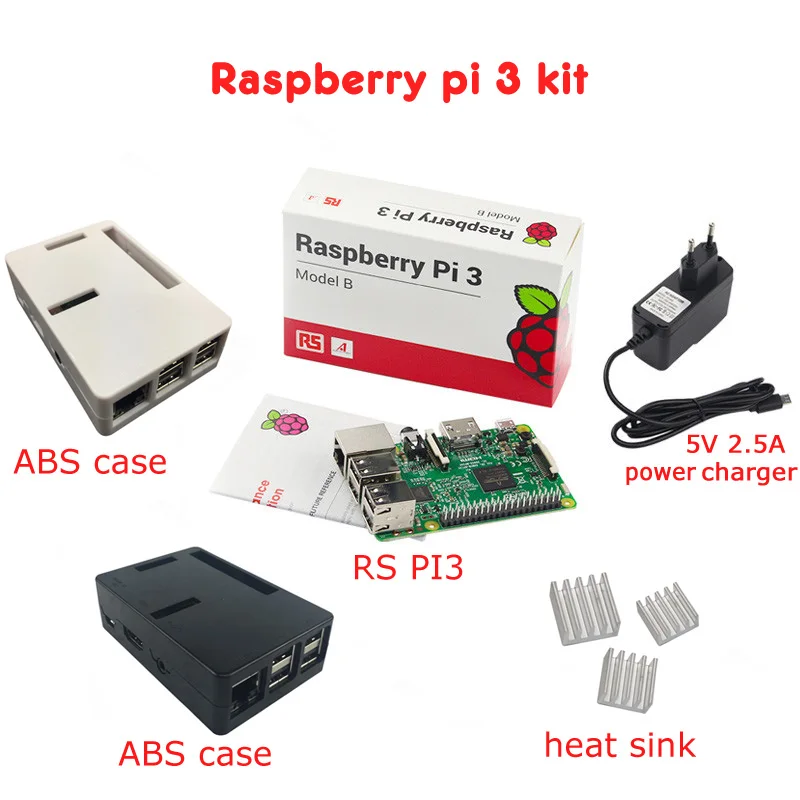 

Raspberry pi 3 + Raspberry pi 3 ABS Case Box + 3 pcs. Aluminum Radiator+5V2. 5A charger jack Raspberry pi 3 B