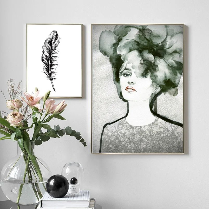 

Abstract Watercolor Fashion Woman Feather Wall Art Canvas Painting Nordic Posters And Prints Wall Pictures For Living Room Decor