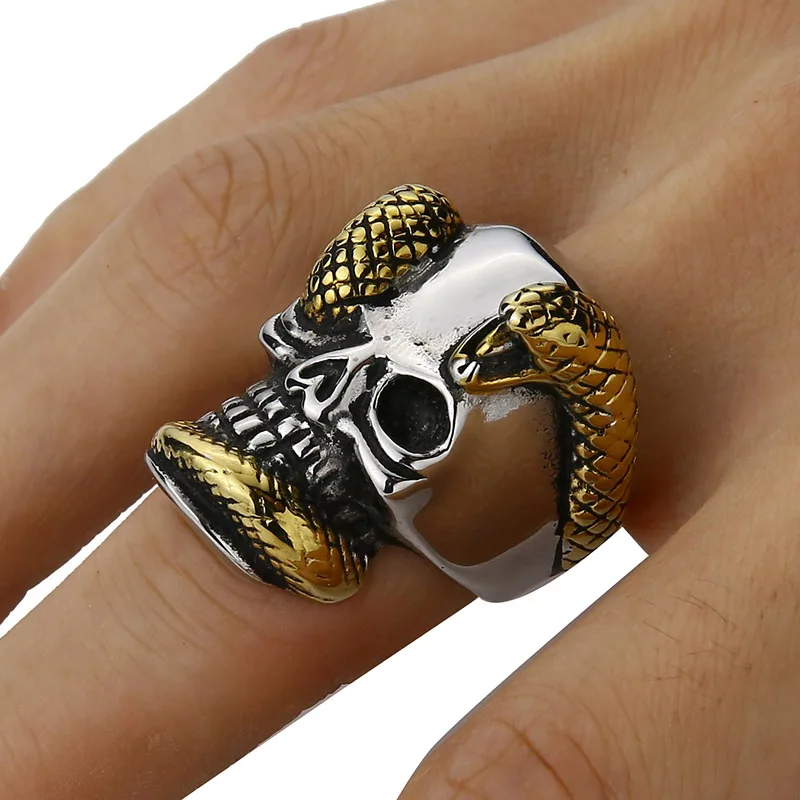 

Valily Jewelry Men's Punk Snake Big Skull Ring Stainless Steel Gold Black Vintage Hip Hop Band Ring for Men Fashion Party Rings