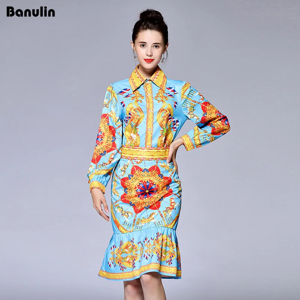 Banulin модельер взлетно-посадочной полосы комплект осень Для женщин с длинным рукавом дворец Цветочный принт элегантный топ + тонкий посылка