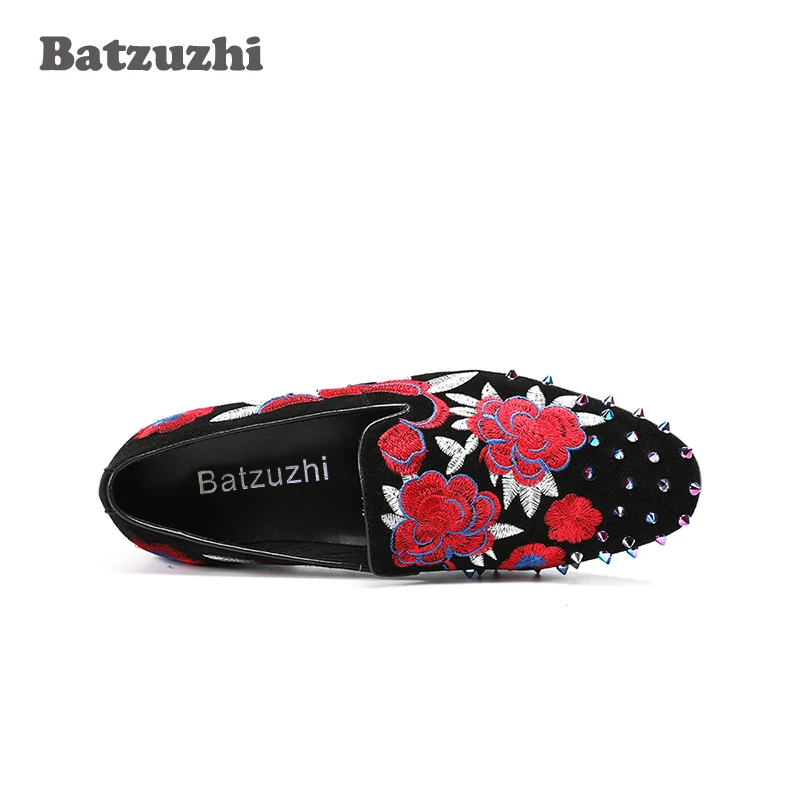 Planos Nuevos Suede Bordado En Y Us12 Hombres De Llegada Casual Negro Lujo Holgazanes Flores Zapatos Remaches La Punta Con T14TH