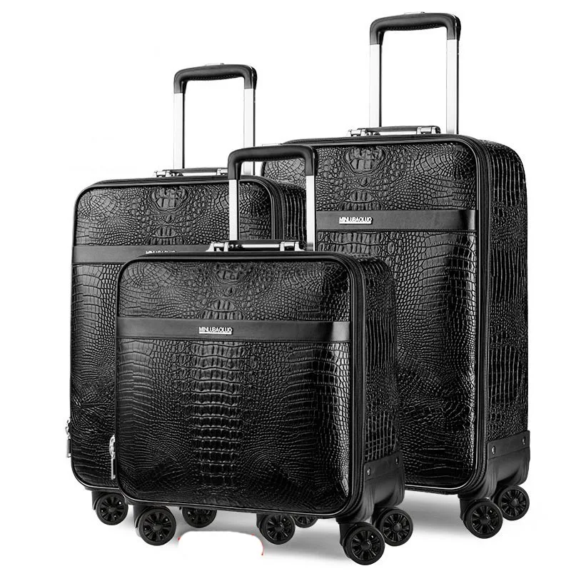 LeTrend Retro Crocodile Rolling Luggage Spinner Men Business Trolley Suitcase Wheels 16 inch PU 