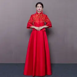 Китай традиционный свадебное платье Qipao красный половина рукава cheongsam Вышивка невесты китайский Стиль платье оптовая продажа Размеры