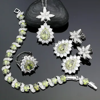 

925 Silver Jewelry Sets For Women Party Accessories Olive Green Cubic Zirconia Earrings Pendant Necklace Ring Bracelet
