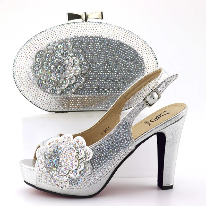 

Size 38 to 42 silver italian shoes and bag matching set for african lace dress party shoes and bag matching set silver SB8323-6