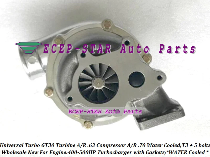 Universal Turbo Turbocharger GT30 Turbine AR .63 Compressor AR .70 T3 Water cooled outlet 5 bolts 400HP-500HP Gaskets (5)