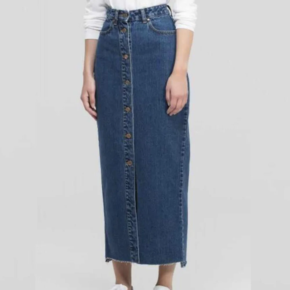 

Long Denim Skirt Women Blue Buttons Dubai Turkish Islamic Casual Muslim Skirts High Waist Plus Size Bodycon Jeans Skirts Faldas