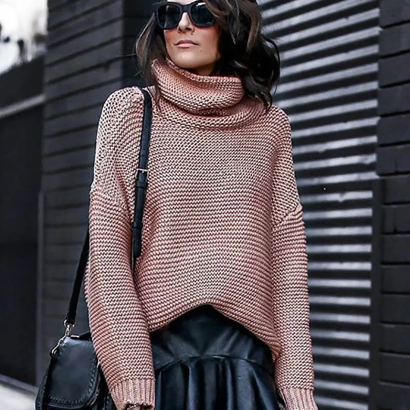 Зимний осенний женский модный Повседневный Однотонный свитер с высоким воротом, теплый винтажный Свободный вязаный пуловер с длинным рукавом, свитера - Color: Pink